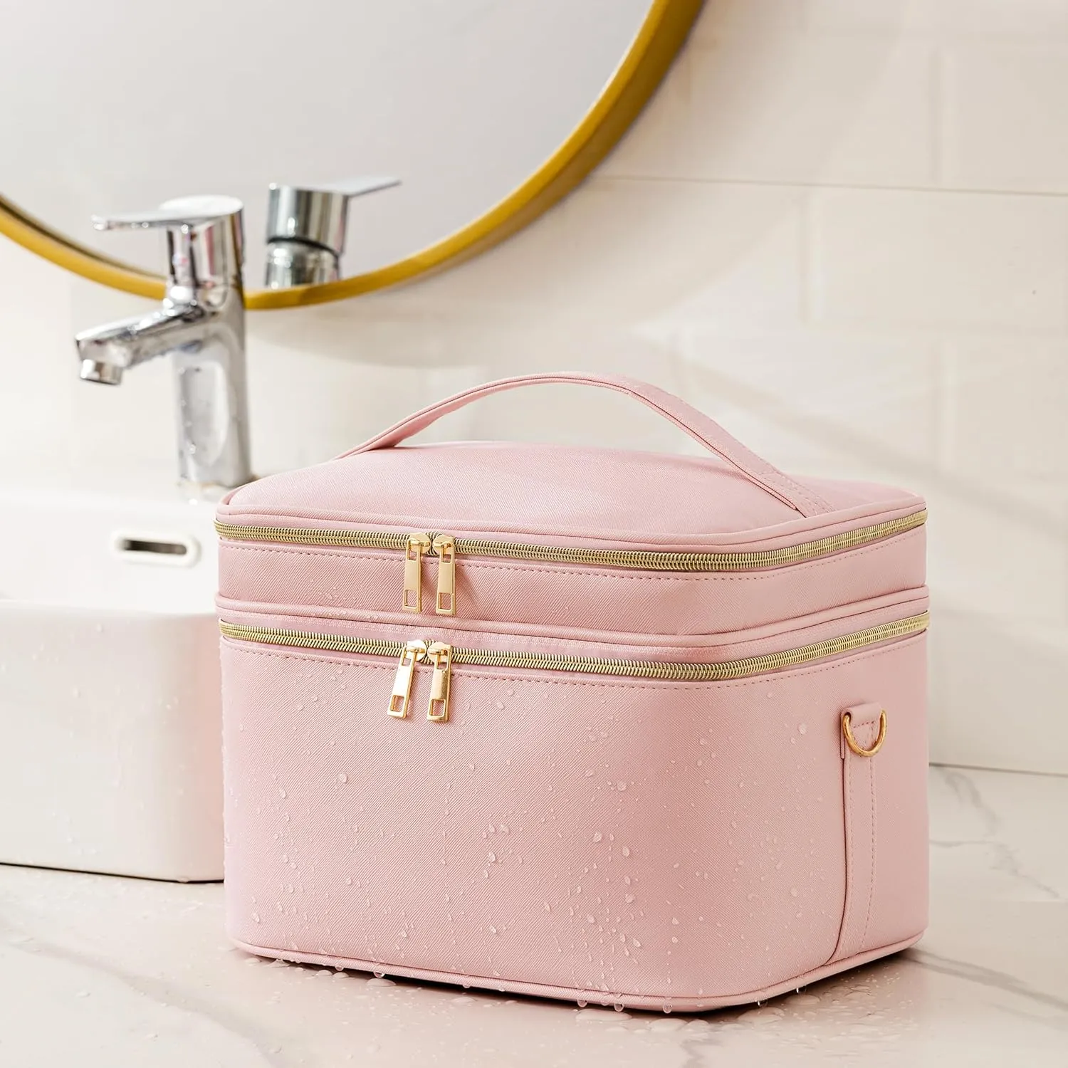HBlife Extra Large Double Layer Travel Makeup Bag Portable Leather Cosmetic Bag Make Up Bag Makeup Case Organizer Toiletry Bag for Women Girls with Handle, Removable Divider and Shoulder Strap(Pink)