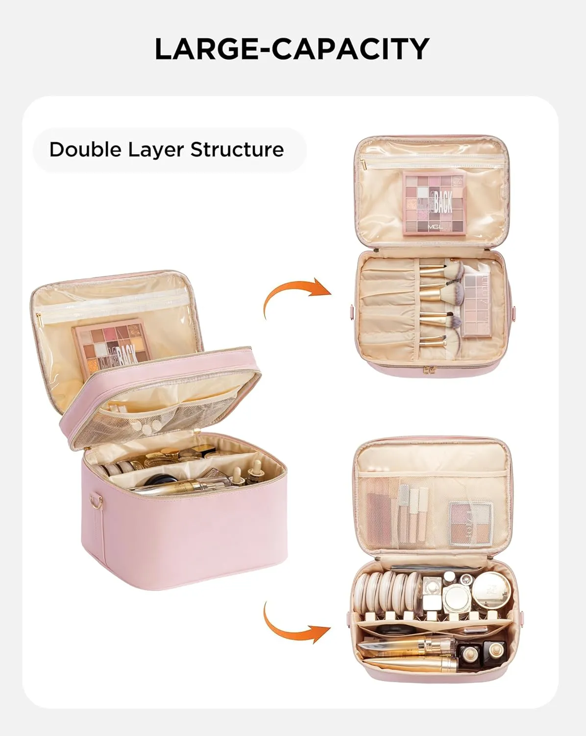HBlife Extra Large Double Layer Travel Makeup Bag Portable Leather Cosmetic Bag Make Up Bag Makeup Case Organizer Toiletry Bag for Women Girls with Handle, Removable Divider and Shoulder Strap(Pink)