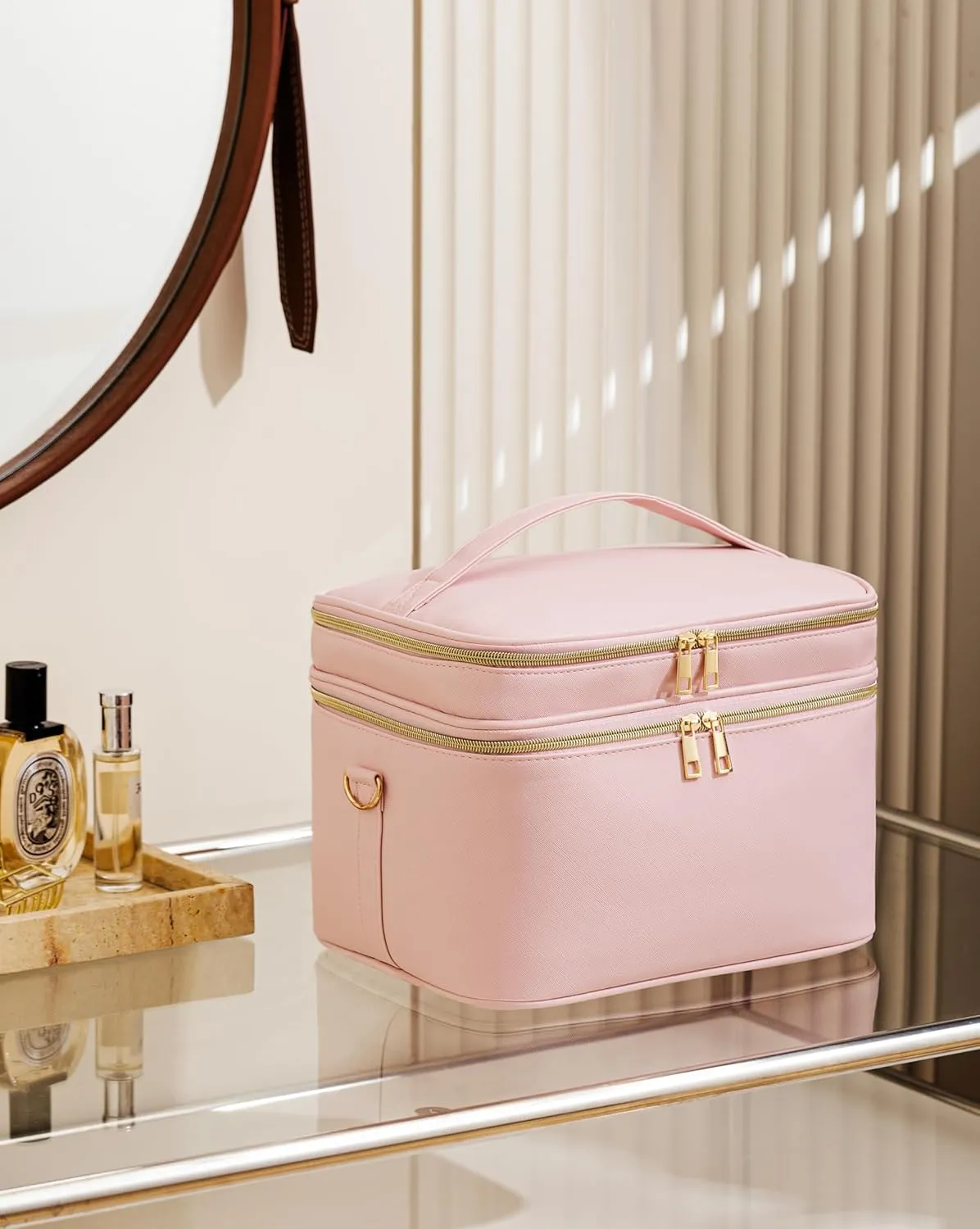 HBlife Extra Large Double Layer Travel Makeup Bag Portable Leather Cosmetic Bag Make Up Bag Makeup Case Organizer Toiletry Bag for Women Girls with Handle, Removable Divider and Shoulder Strap(Pink)