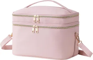 HBlife Extra Large Double Layer Travel Makeup Bag Portable Leather Cosmetic Bag Make Up Bag Makeup Case Organizer Toiletry Bag for Women Girls with Handle, Removable Divider and Shoulder Strap(Pink)