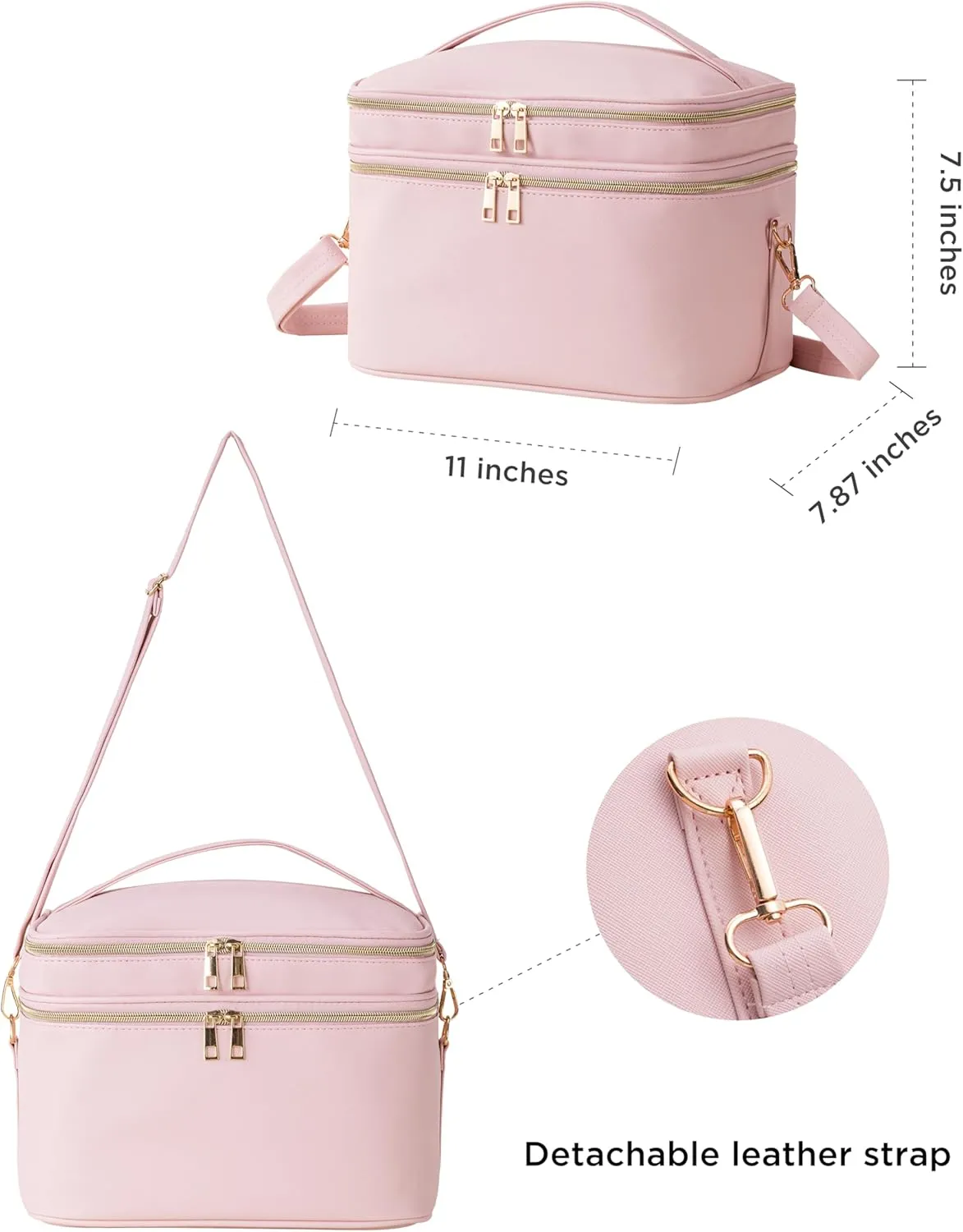 HBlife Extra Large Double Layer Travel Makeup Bag Portable Leather Cosmetic Bag Make Up Bag Makeup Case Organizer Toiletry Bag for Women Girls with Handle, Removable Divider and Shoulder Strap(Pink)