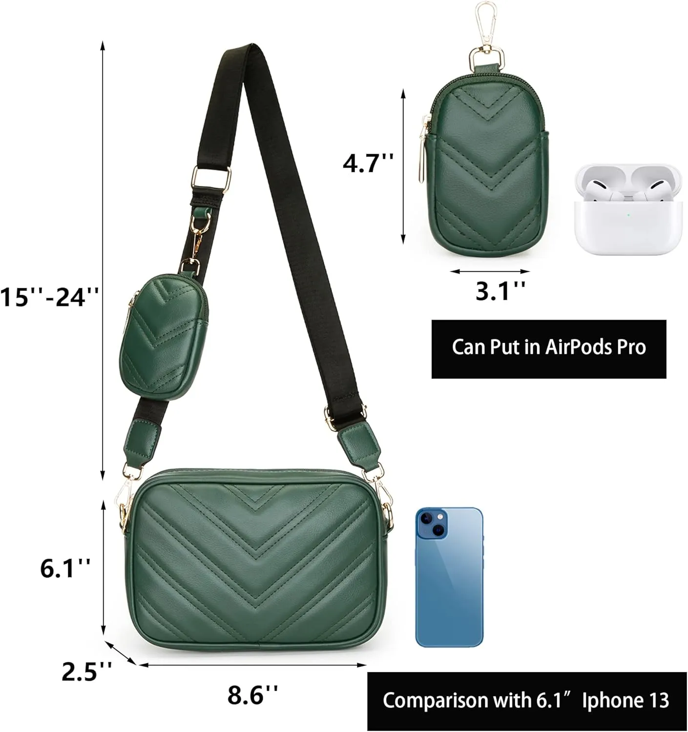 Herald Chevron Quilted Small Crossbody Bag with Coin Purse Pouch, Women Square Camera Side Shoulder 2 Size Handbags
