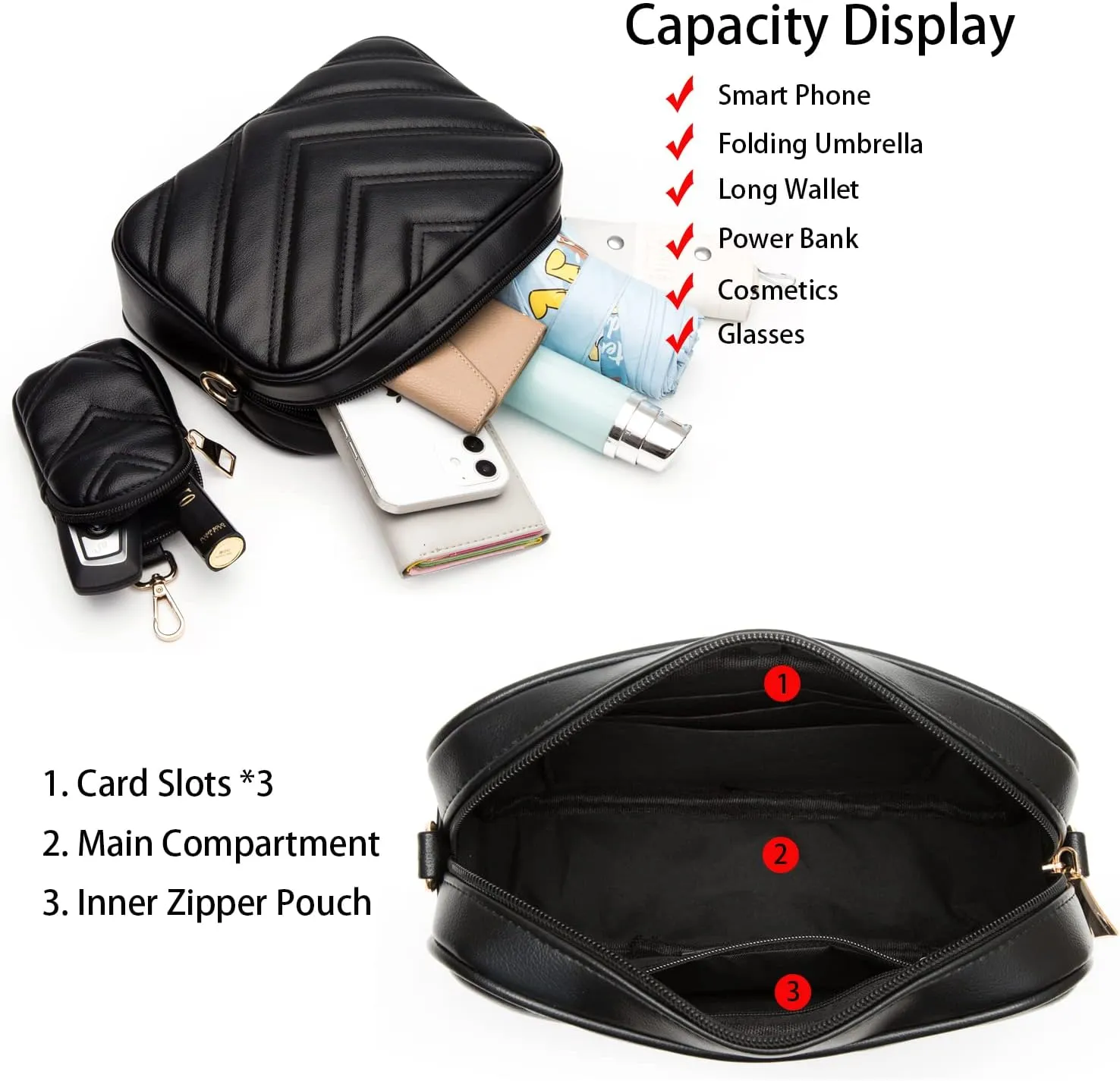 Herald Chevron Quilted Small Crossbody Bag with Coin Purse Pouch, Women Square Camera Side Shoulder 2 Size Handbags