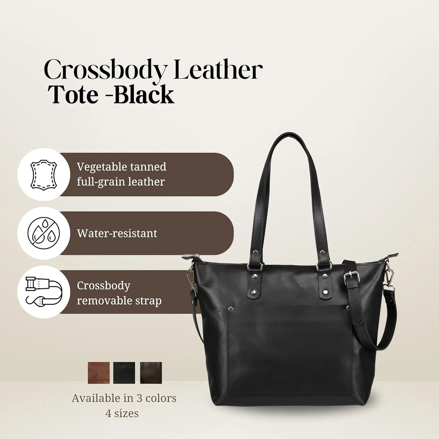 HIDES Crossbody Leather Tote Bag, Handcrafted Travel Companion Premium Full-Grain Leather Zipper Compartment Removable Strap