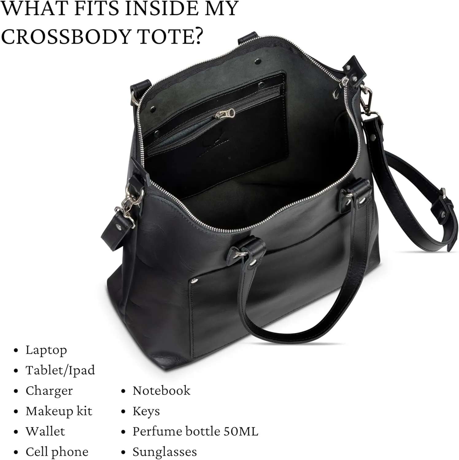 HIDES Crossbody Leather Tote Bag, Handcrafted Travel Companion Premium Full-Grain Leather Zipper Compartment Removable Strap