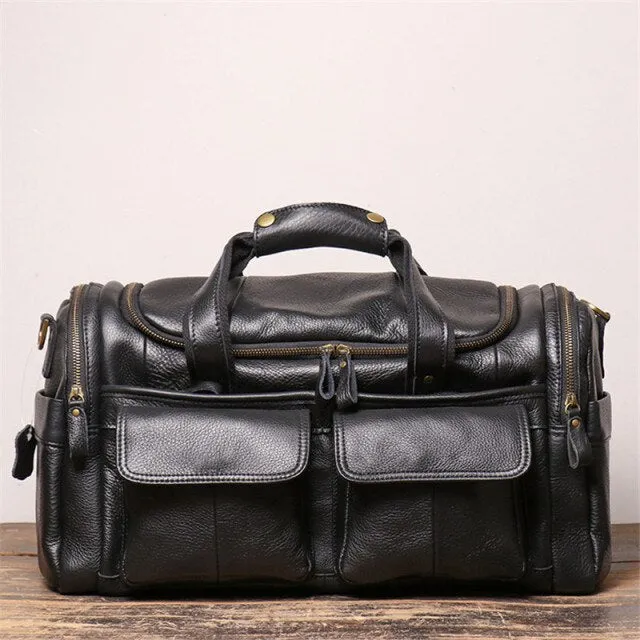 High Quality Large Big Vintage Brown Black Genuine Leather Business Men Travel Bags Shoulder Messenger Duffle Bag