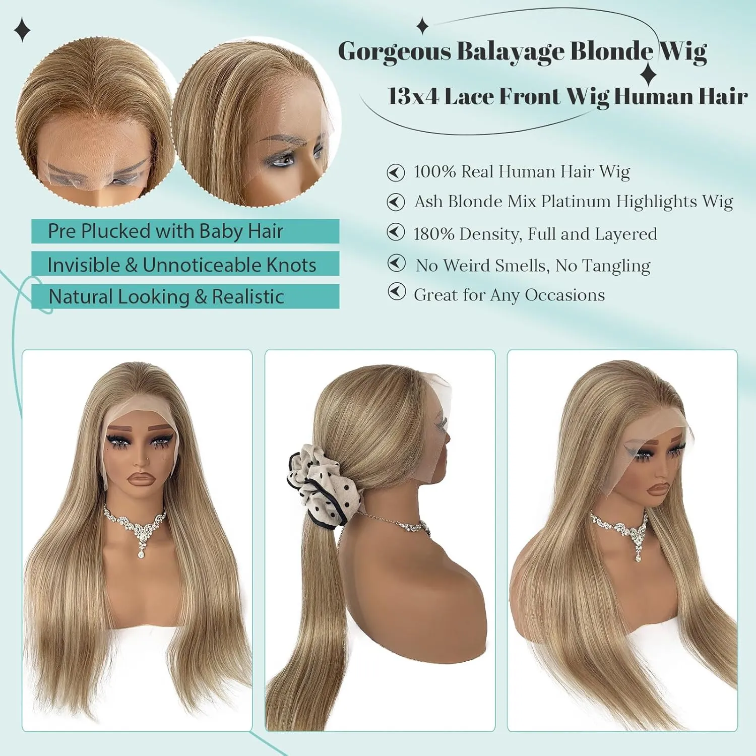 Highlight Human Hair Wigs Balayage Blonde Highlighted 13x4 Lace Front Wigs Human Hair for Women Pre Plucked 180% Density Ombre Ash Blonde Wig and Platinum Highlights Glueless Wigs for Women 24 Inch