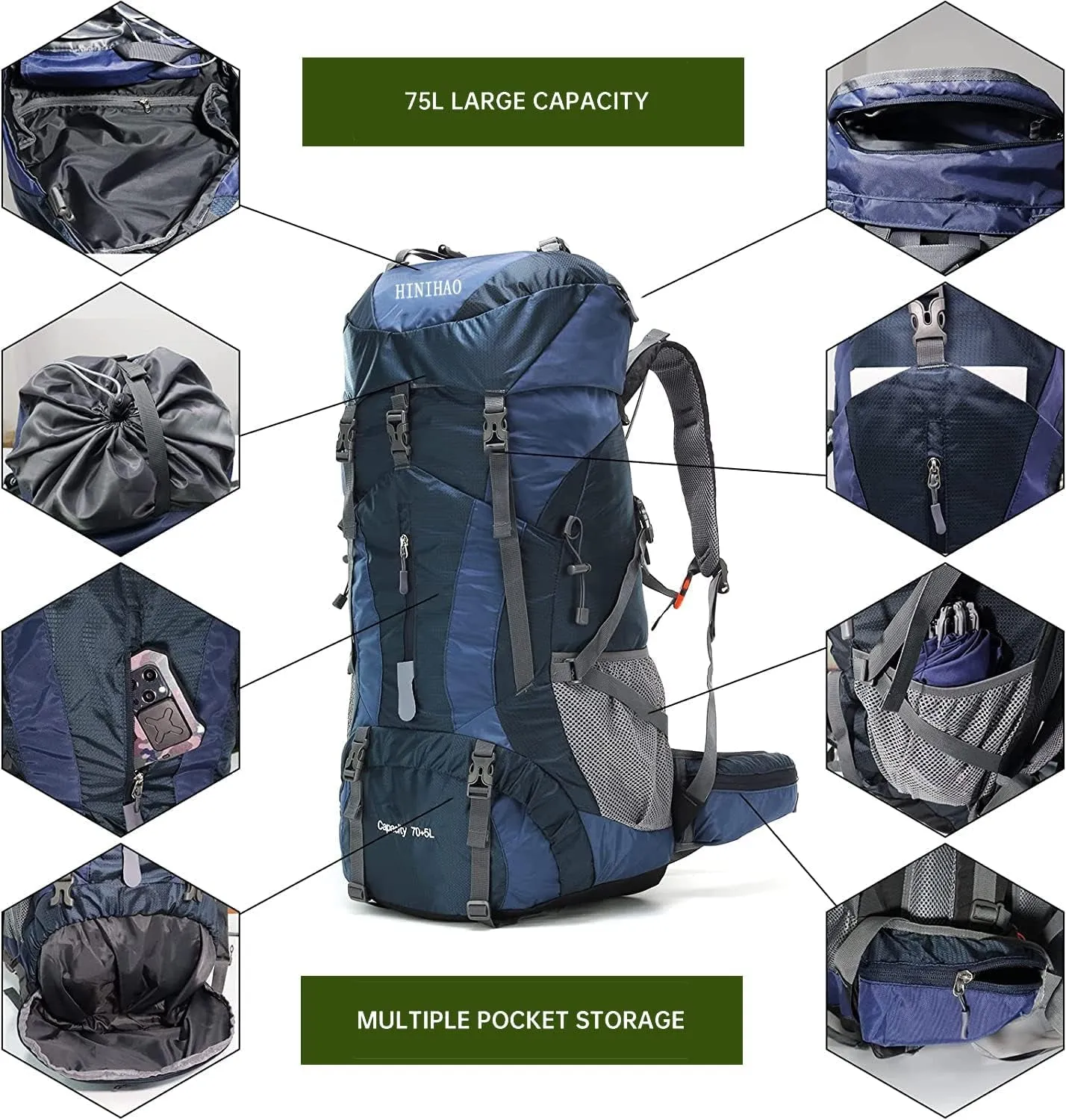 Hiking Backpack for Men and Women 70L 5L Waterproof Lightweight Camping Daypack with Rain Cover (75L Blue)
