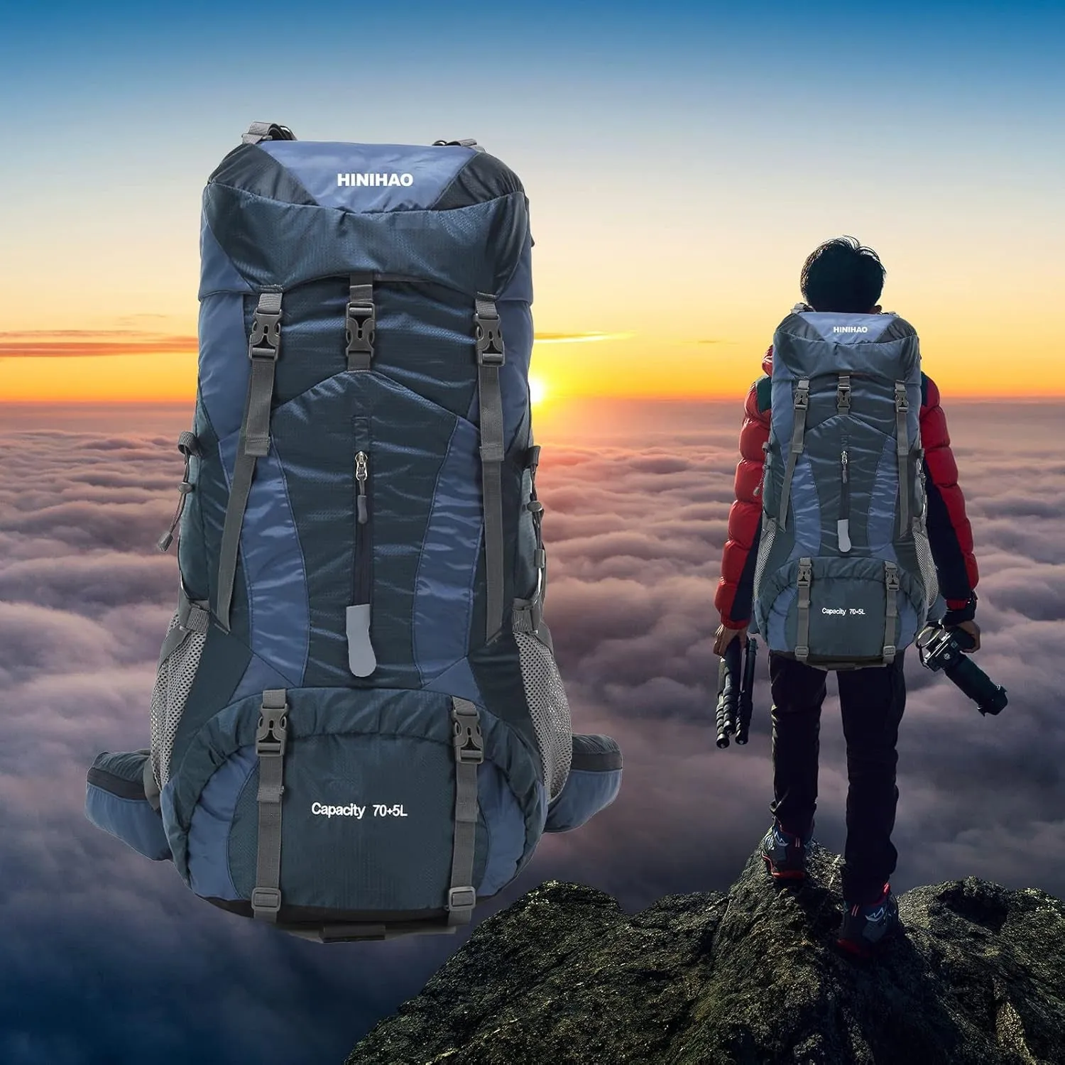 Hiking Backpack for Men and Women 70L 5L Waterproof Lightweight Camping Daypack with Rain Cover (75L Blue)