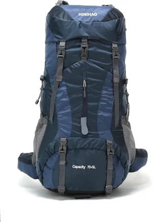 Hiking Backpack for Men and Women 70L 5L Waterproof Lightweight Camping Daypack with Rain Cover (75L Blue)