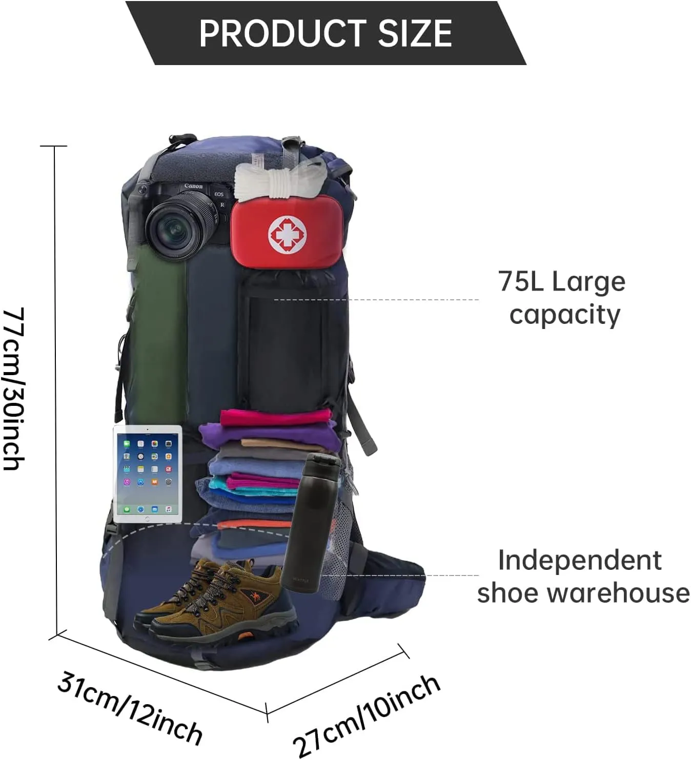Hiking Backpack for Men and Women 70L 5L Waterproof Lightweight Camping Daypack with Rain Cover (75L Blue)