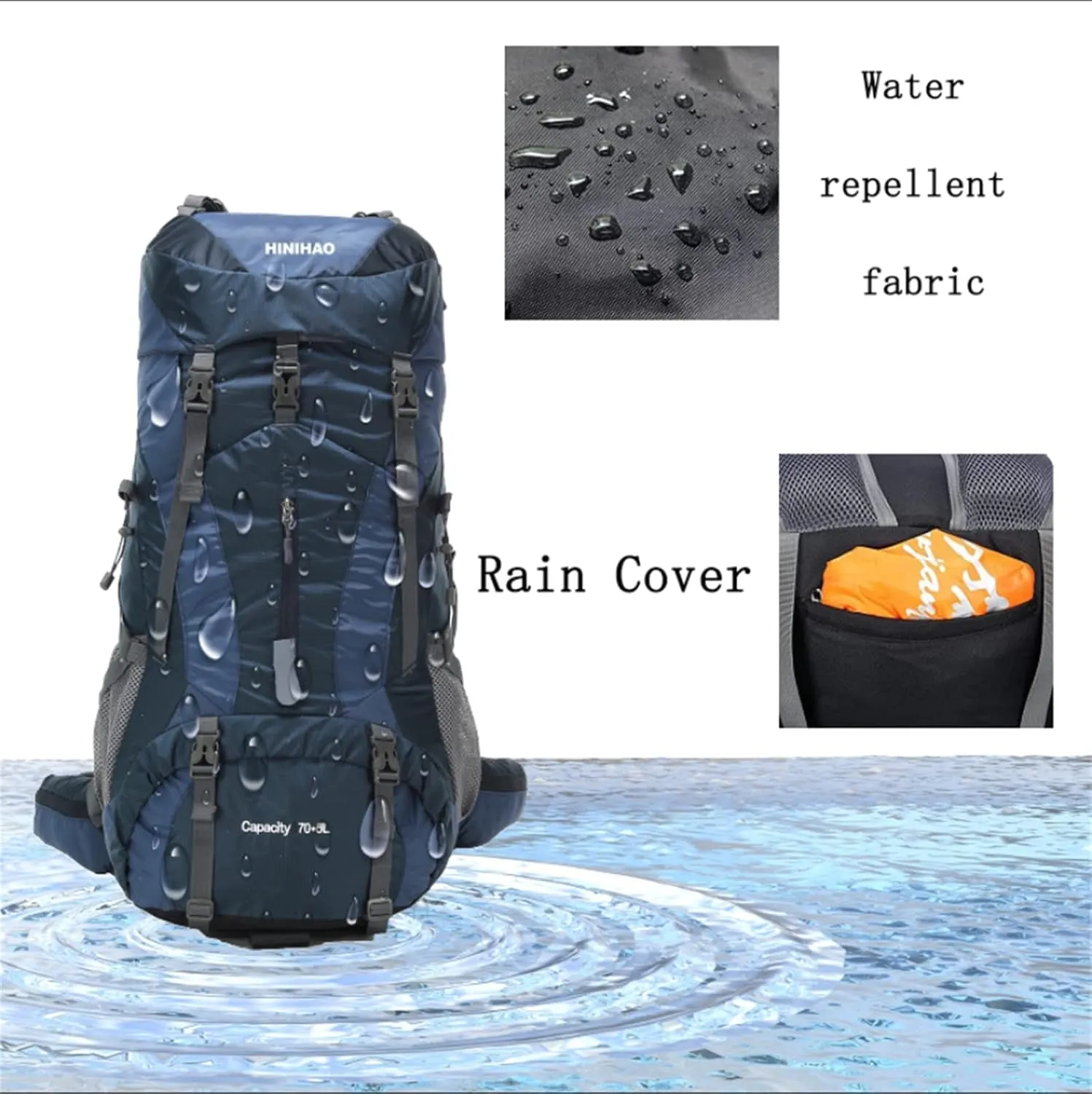 Hiking Backpack for Men and Women 70L 5L Waterproof Lightweight Camping Daypack with Rain Cover (75L Blue)