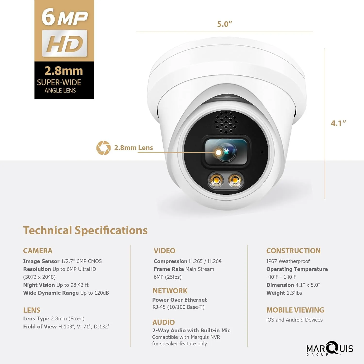 Hikvision/Uniview Compatible 6MP PoE IP Turret Camera Dual Light (Default IR) with Microphone, Audio, IP Security Camera Outdoor Night Vision 98ft Weatherproof IP67 Wide Angle 2.8mm
