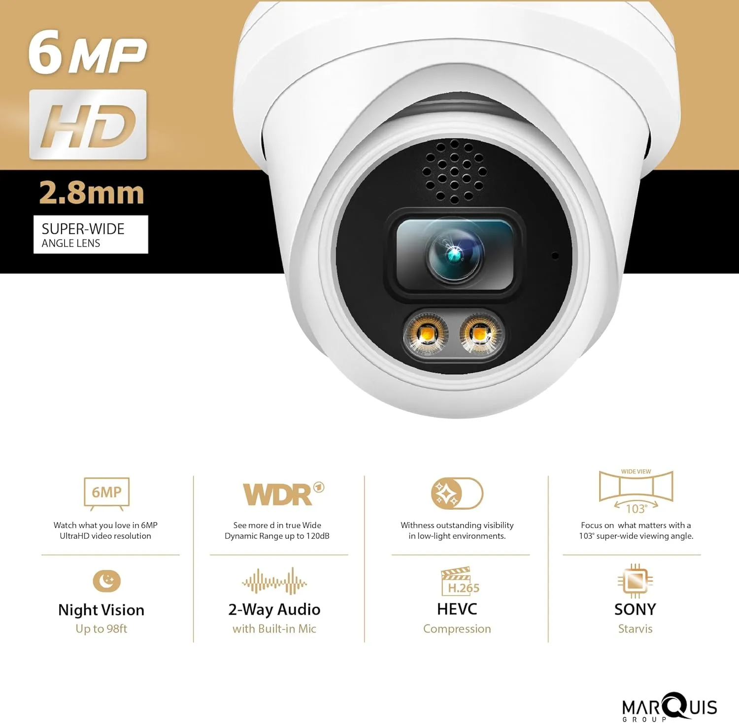Hikvision/Uniview Compatible 6MP PoE IP Turret Camera Dual Light (Default IR) with Microphone, Audio, IP Security Camera Outdoor Night Vision 98ft Weatherproof IP67 Wide Angle 2.8mm