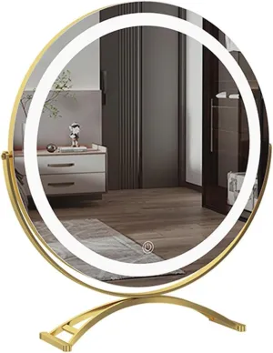HMLTD 360 Degree Rotation Vanity Mirror with LED Light, A-rechargeableVanity Mirror, B-Non-Rechargeable Makeup Mirror, 3 Color Lighting, Smart Touch Control(A - Gold,35 * 40cm/13.8 * 15.7in)