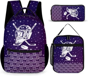 Hockey Backpack with Lunch Box & Pencil Case, 16 Inch Cool Hockey Ball Themed Bookbag, Adjustable Lightweight Large Capacity, Colorful Daily Casual Purple Backpacks Set with Lunch Bag