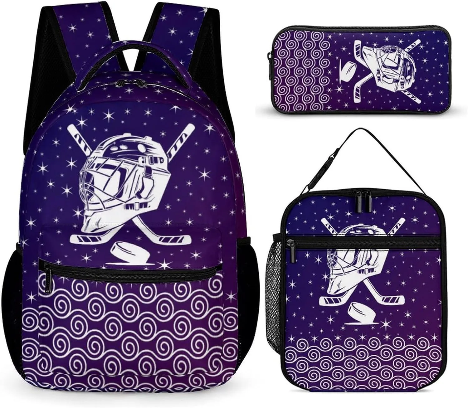 Hockey Backpack with Lunch Box & Pencil Case, 16 Inch Cool Hockey Ball Themed Bookbag, Adjustable Lightweight Large Capacity, Colorful Daily Casual Purple Backpacks Set with Lunch Bag
