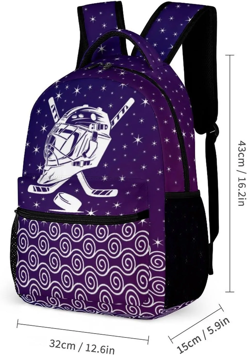 Hockey Backpack with Lunch Box & Pencil Case, 16 Inch Cool Hockey Ball Themed Bookbag, Adjustable Lightweight Large Capacity, Colorful Daily Casual Purple Backpacks Set with Lunch Bag
