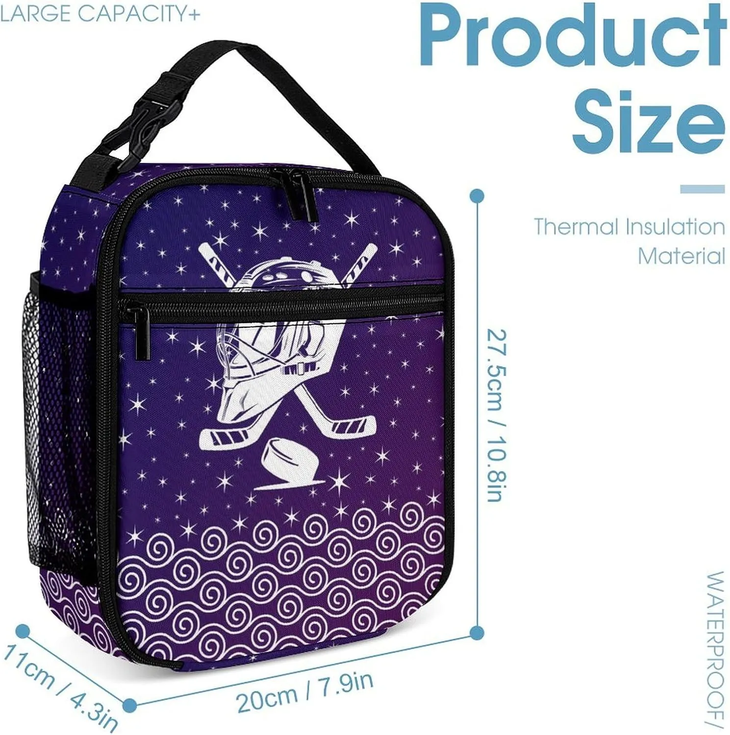 Hockey Backpack with Lunch Box & Pencil Case, 16 Inch Cool Hockey Ball Themed Bookbag, Adjustable Lightweight Large Capacity, Colorful Daily Casual Purple Backpacks Set with Lunch Bag