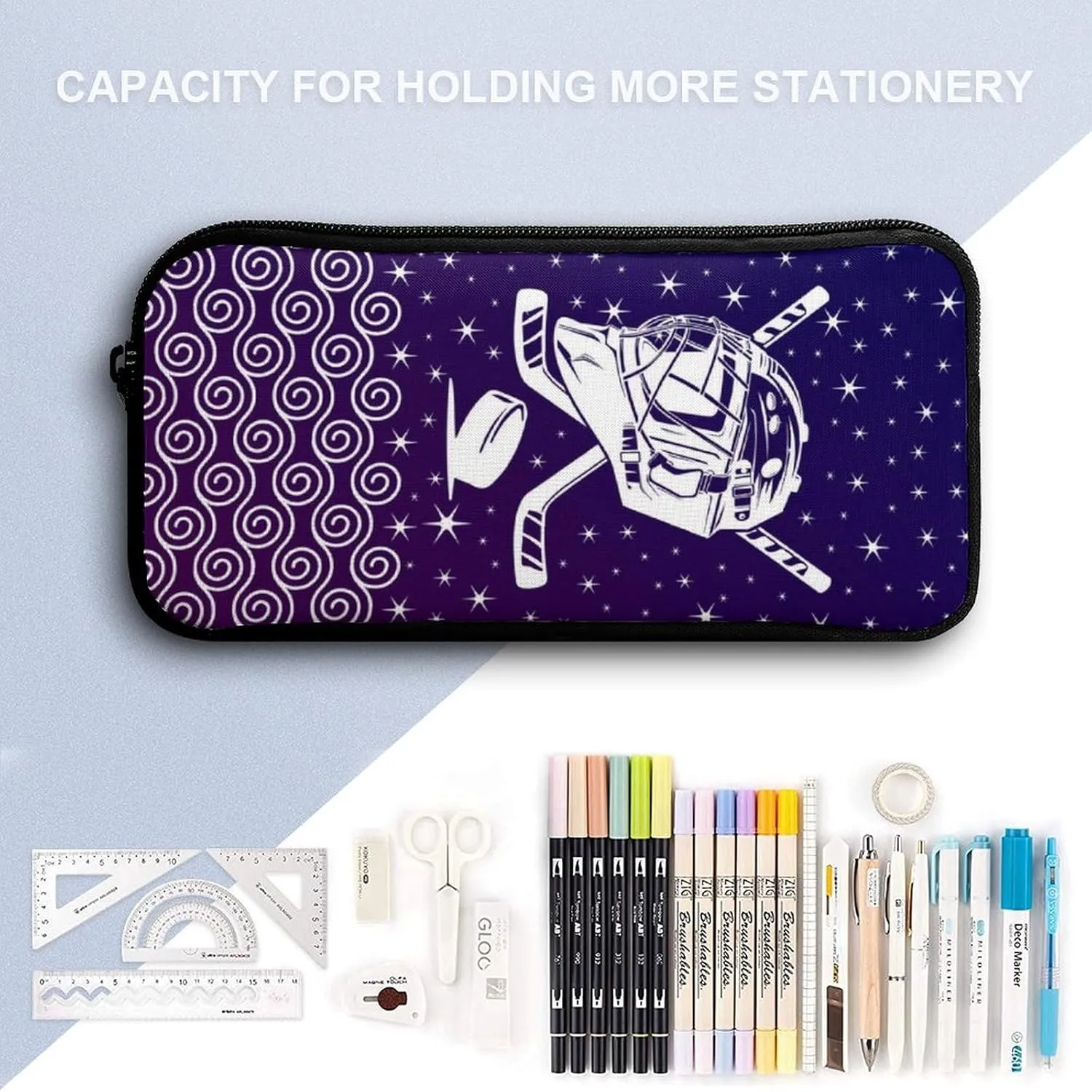Hockey Backpack with Lunch Box & Pencil Case, 16 Inch Cool Hockey Ball Themed Bookbag, Adjustable Lightweight Large Capacity, Colorful Daily Casual Purple Backpacks Set with Lunch Bag