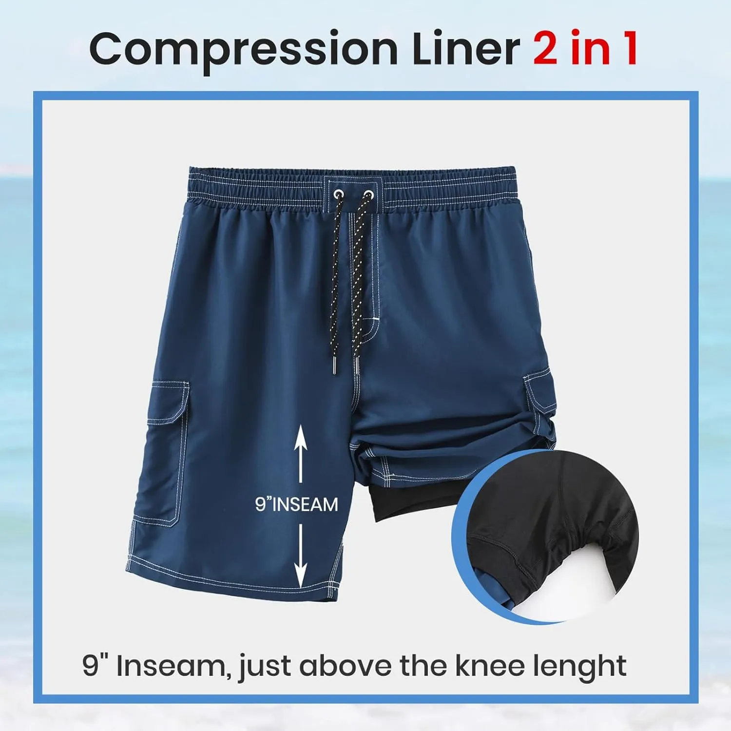 HODOSPORTS Mens Swim Trunks with Compression Liner 9 inch Bathing Suit Quick-Dry Swim Shorts Cargo Pockets S-4XL