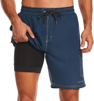 HODOSPORTS Mens Swim Trunks with Compression Liner 9 inch Bathing Suit Quick-Dry Swim Shorts Cargo Pockets S-4XL