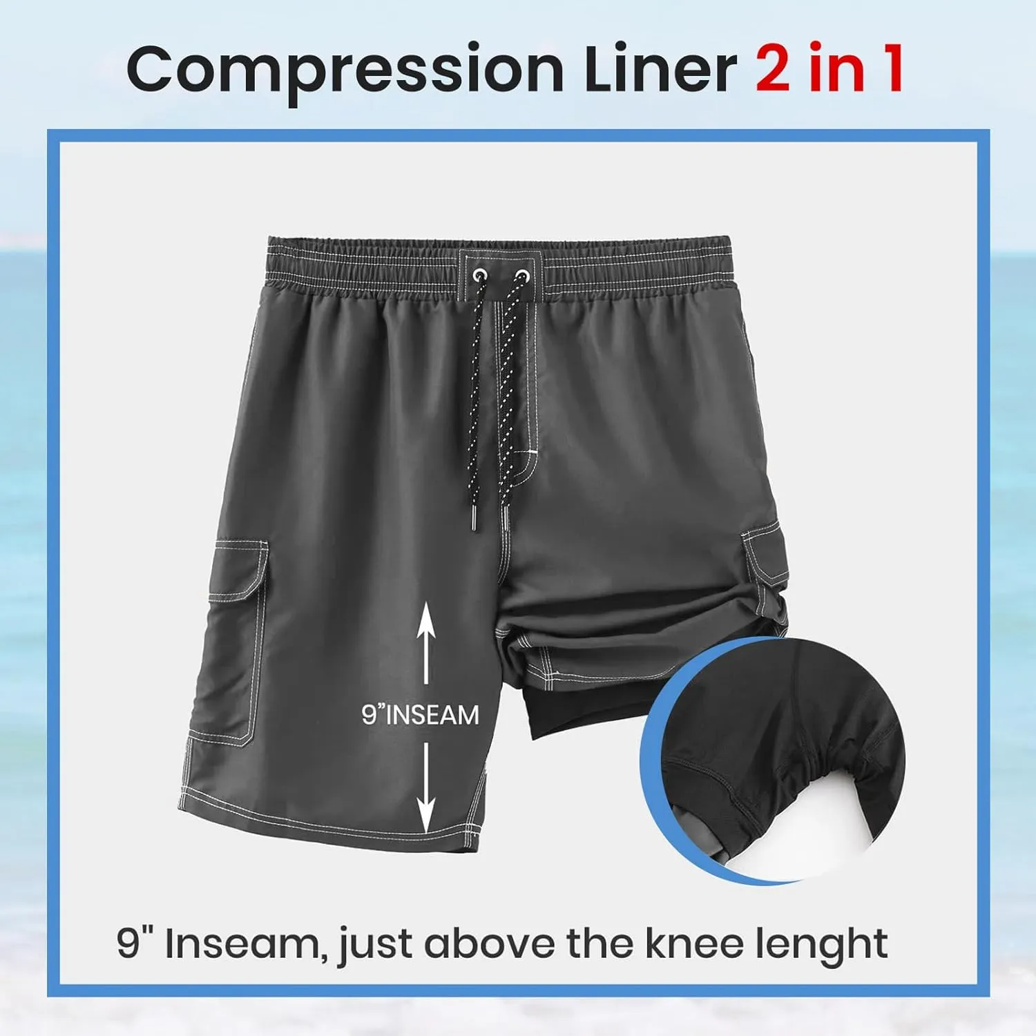 HODOSPORTS Mens Swim Trunks with Compression Liner 9 inch Bathing Suit Quick-Dry Swim Shorts Cargo Pockets S-4XL