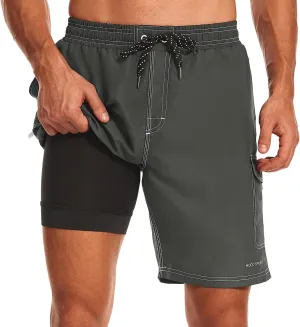 HODOSPORTS Mens Swim Trunks with Compression Liner 9 inch Bathing Suit Quick-Dry Swim Shorts Cargo Pockets S-4XL