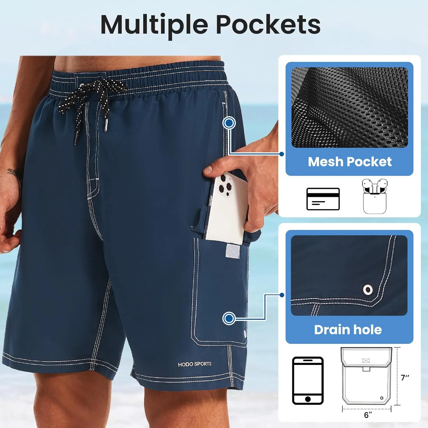 HODOSPORTS Mens Swim Trunks with Compression Liner 9 inch Bathing Suit Quick-Dry Swim Shorts Cargo Pockets S-4XL