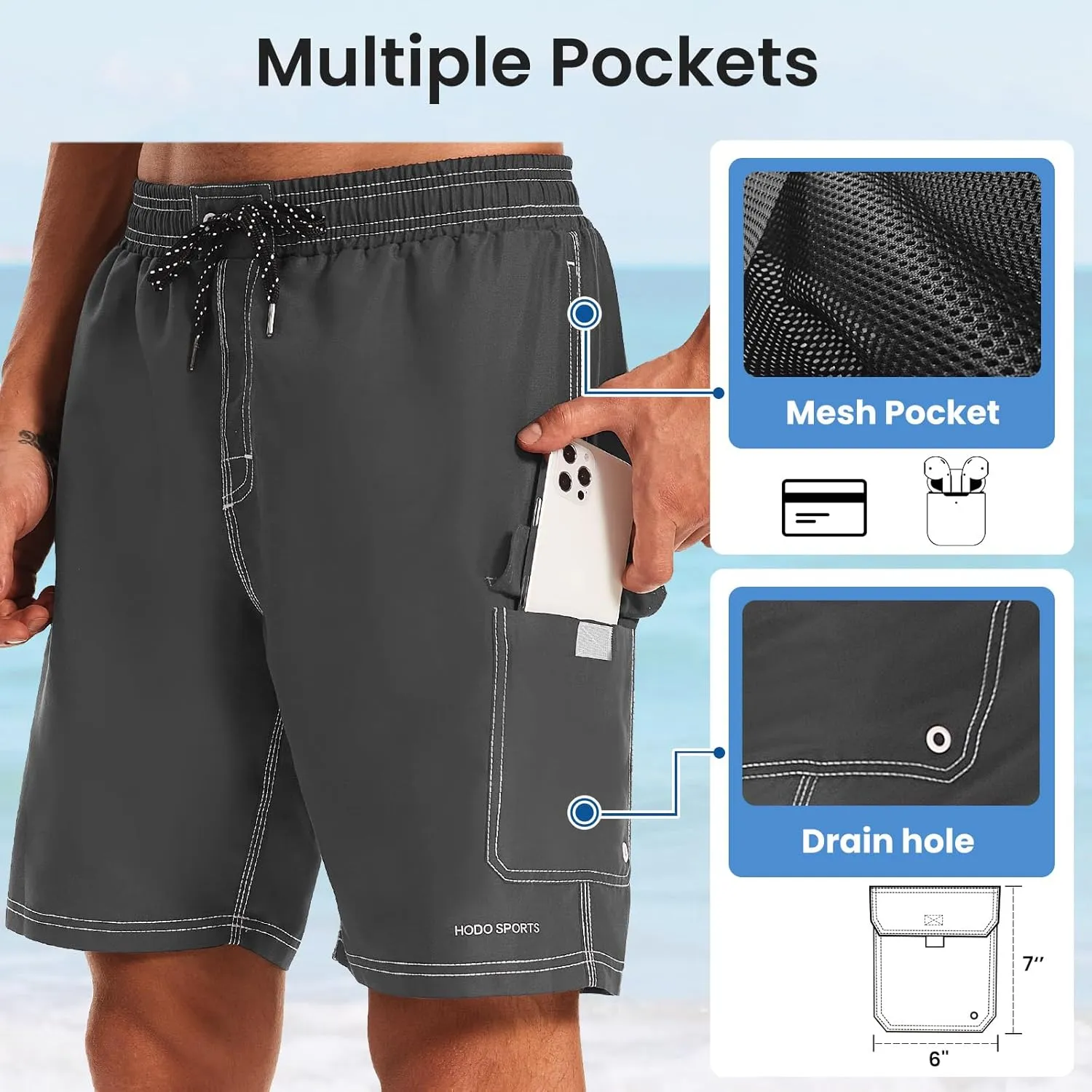 HODOSPORTS Mens Swim Trunks with Compression Liner 9 inch Bathing Suit Quick-Dry Swim Shorts Cargo Pockets S-4XL