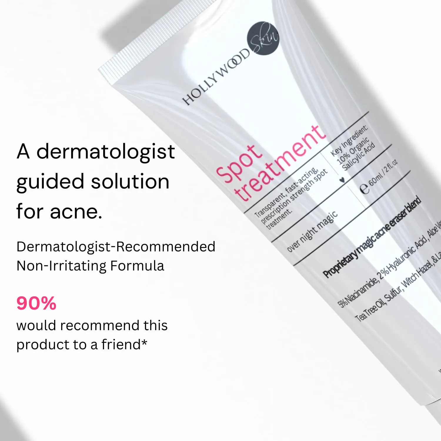 hollywoodskin 4X Strength Acne Spot Treatment | 5% Organic Salicylic Acid, 2% Niacinamide, 5% Hyaluronic Acid | Blemish Control for Acne, Blackheads, Pimples & Oily Skin | 60ml