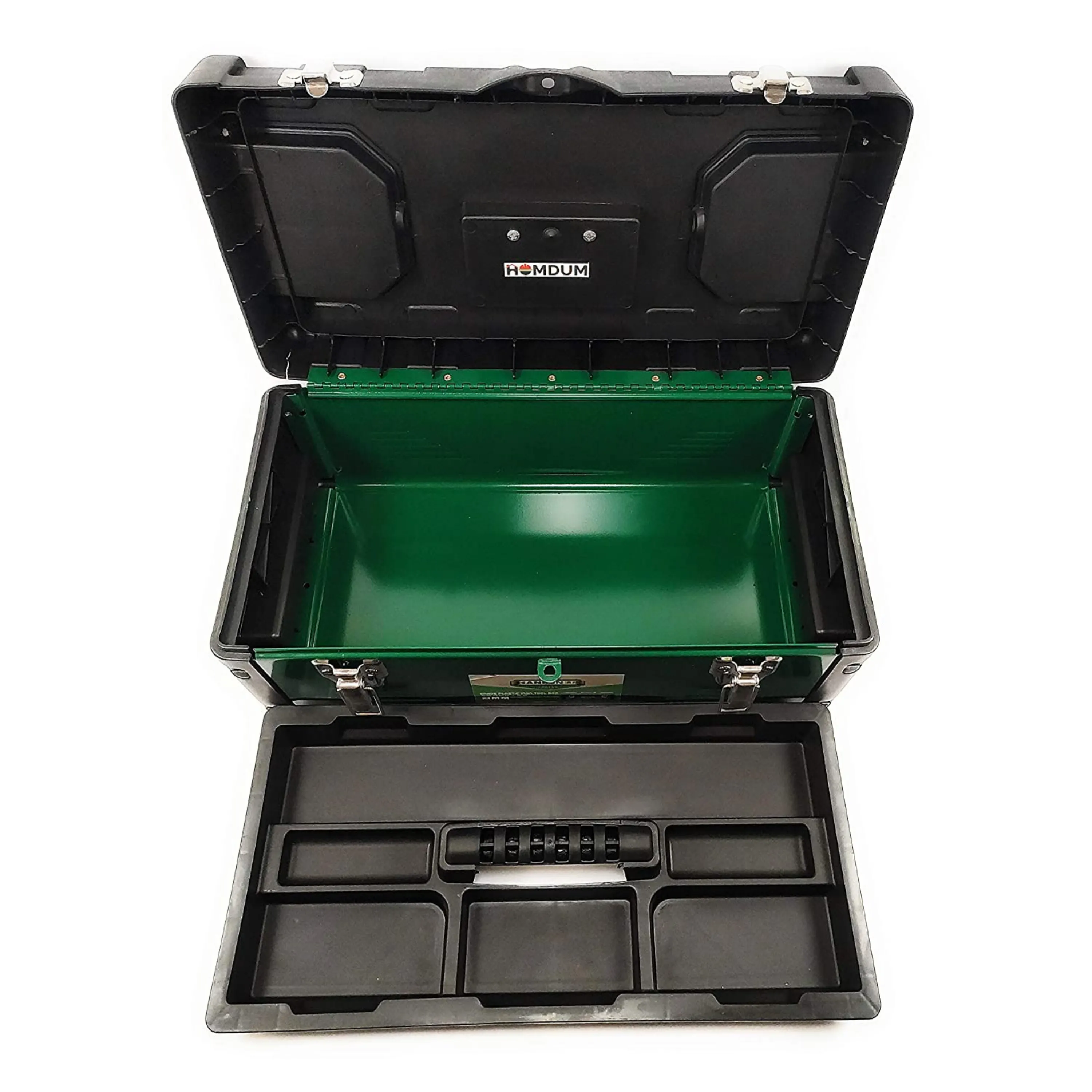 Homdum Steel Metal Tool Box organizer- Heavy Duty Toolbox with Strong Metal Latches & Secure Grip Handle - Fitted with Removable Inner Tray 19inch