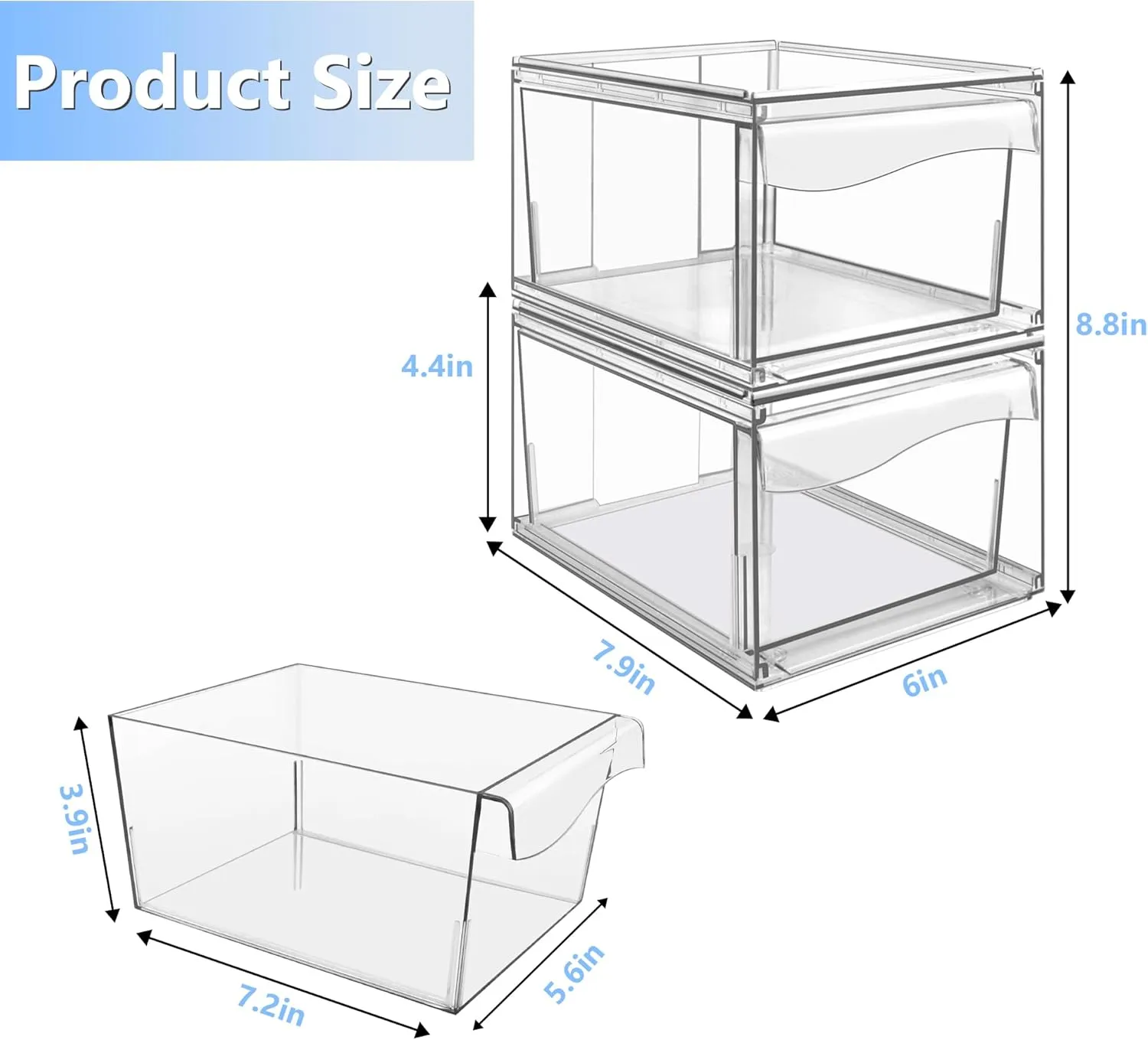 Homeanda 4.4''H Stackable Storage Drawers, 2 Pack Acrylic Plastic Organizers for Makeup, Nail Polish, Snacks, Beauty Supplies, Ideal for Vanity, Bathroom, Undersink, Cabinet, Desk Organization