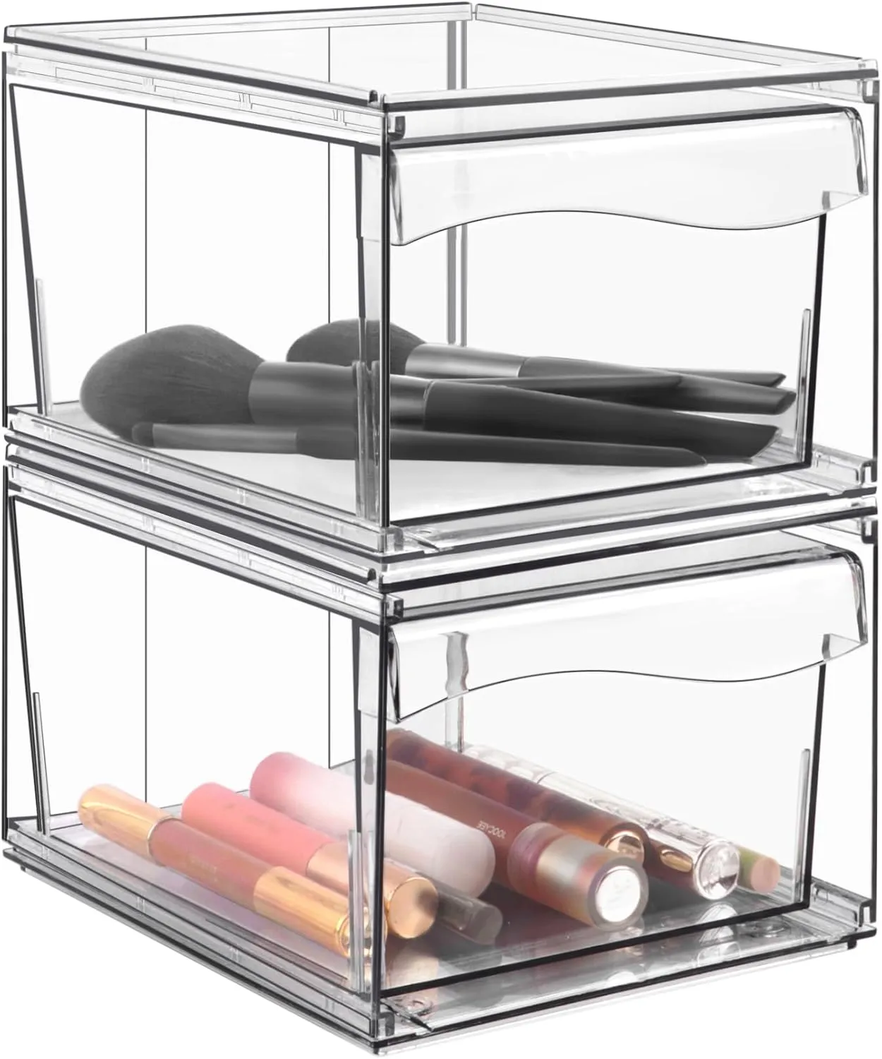 Homeanda 4.4''H Stackable Storage Drawers, 2 Pack Acrylic Plastic Organizers for Makeup, Nail Polish, Snacks, Beauty Supplies, Ideal for Vanity, Bathroom, Undersink, Cabinet, Desk Organization