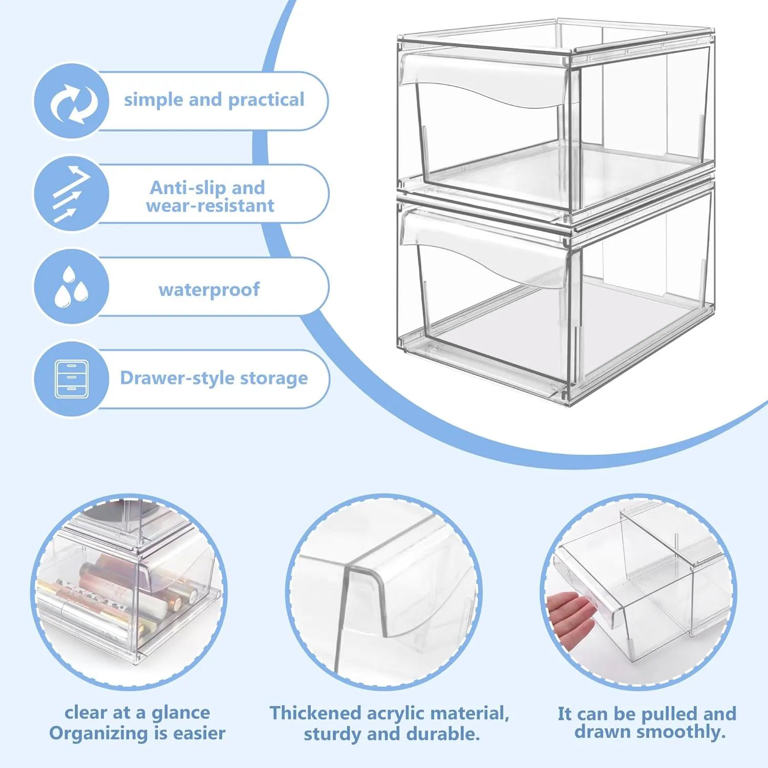Homeanda 4.4''H Stackable Storage Drawers, 2 Pack Acrylic Plastic Organizers for Makeup, Nail Polish, Snacks, Beauty Supplies, Ideal for Vanity, Bathroom, Undersink, Cabinet, Desk Organization