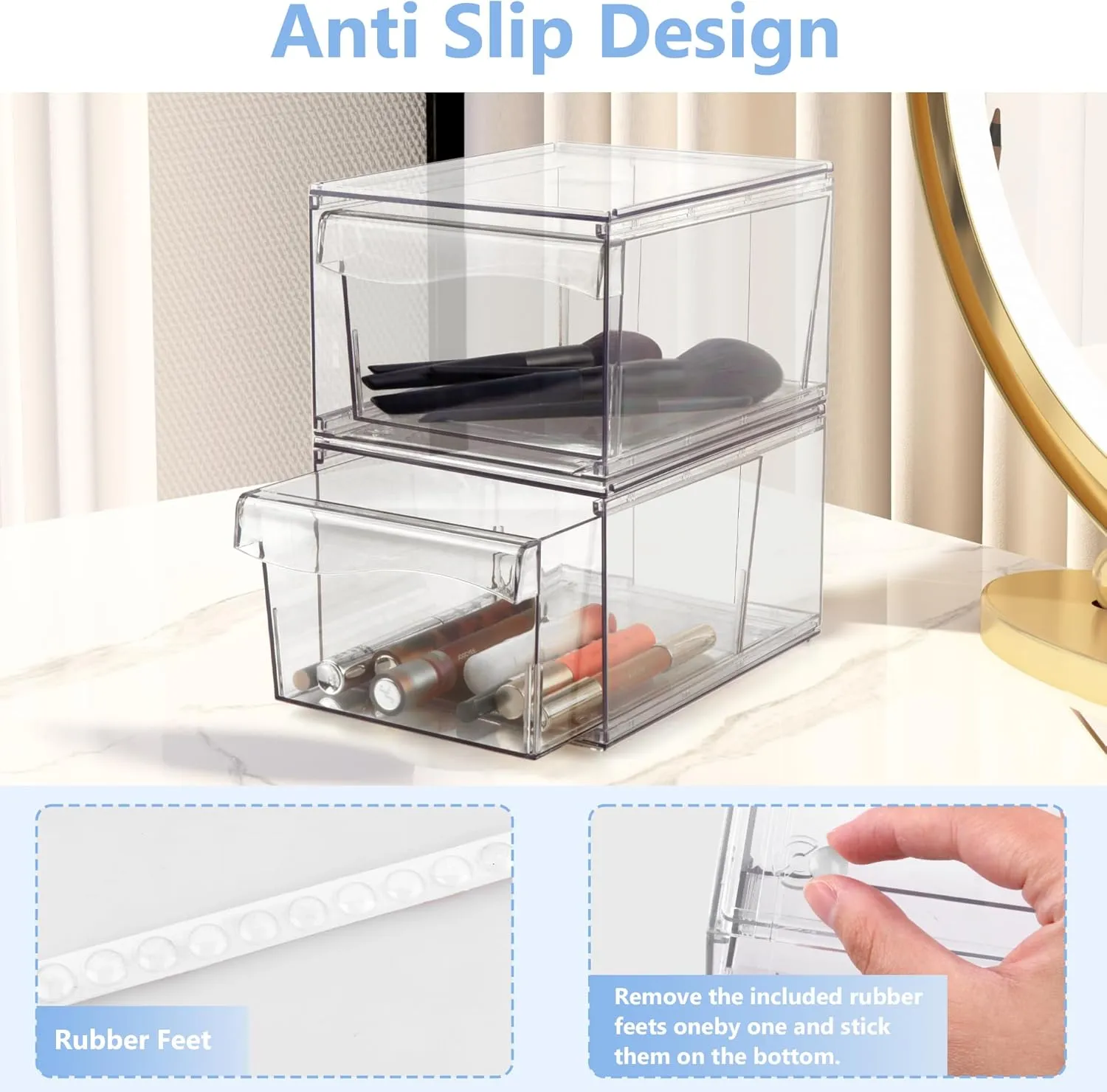 Homeanda 4.4''H Stackable Storage Drawers, 2 Pack Acrylic Plastic Organizers for Makeup, Nail Polish, Snacks, Beauty Supplies, Ideal for Vanity, Bathroom, Undersink, Cabinet, Desk Organization