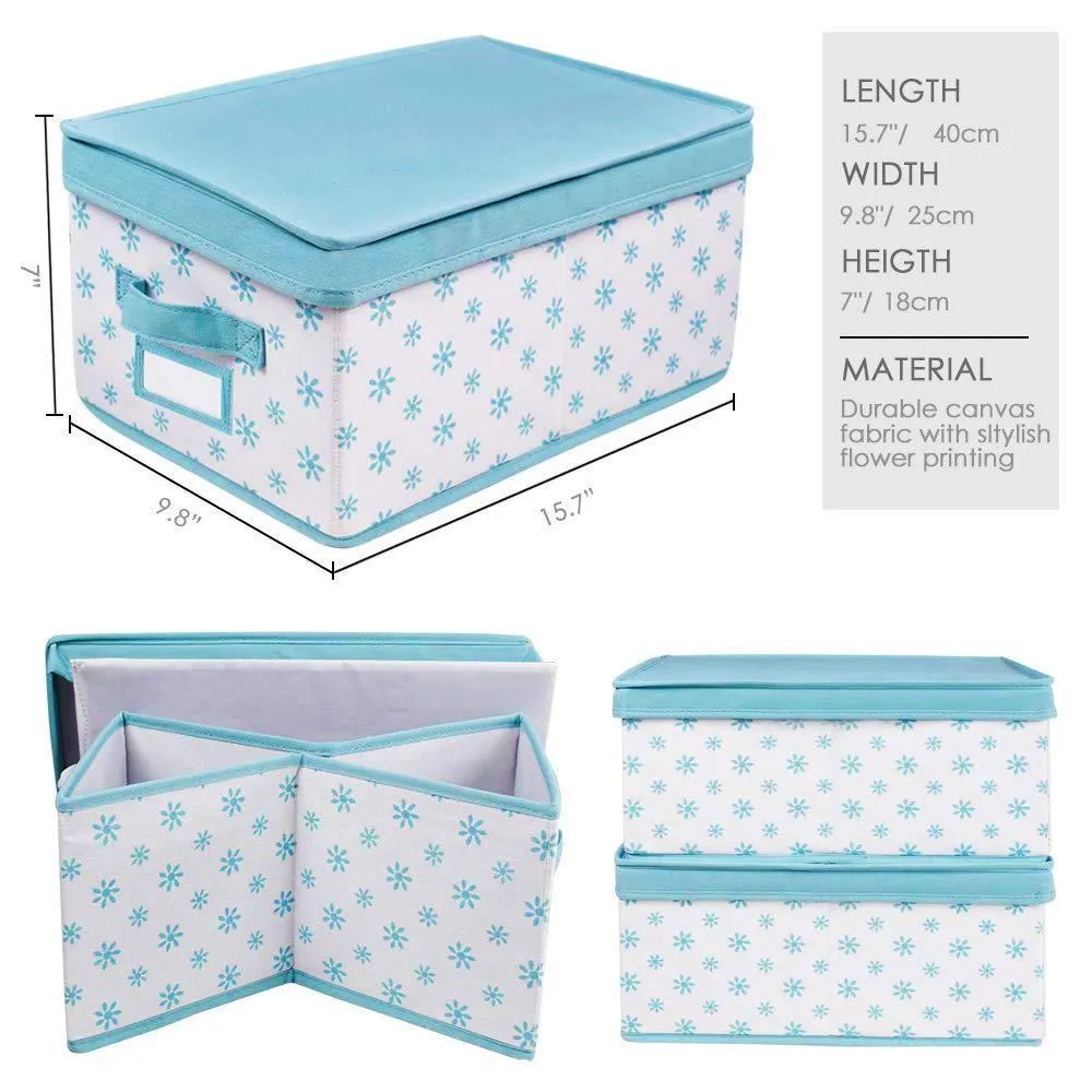 Homyfort Foldable Storage Box Bins with Lid,Sturdy Canvas Drawer Dresser Organizer for Closet Clothes,Bras,Ties, Set of 2 White Canvas with Blue Flowers