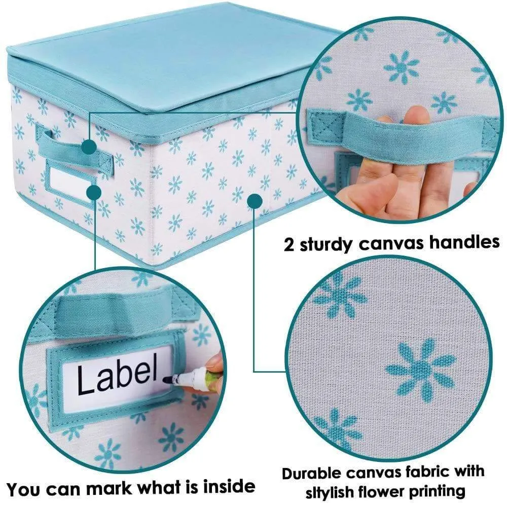 Homyfort Foldable Storage Box Bins with Lid,Sturdy Canvas Drawer Dresser Organizer for Closet Clothes,Bras,Ties, Set of 2 White Canvas with Blue Flowers