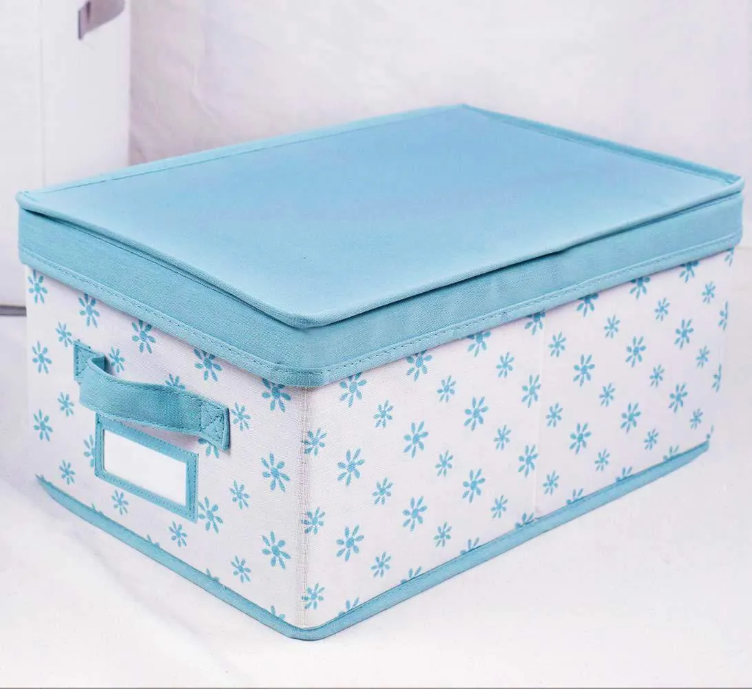 Homyfort Foldable Storage Box Bins with Lid,Sturdy Canvas Drawer Dresser Organizer for Closet Clothes,Bras,Ties, Set of 2 White Canvas with Blue Flowers