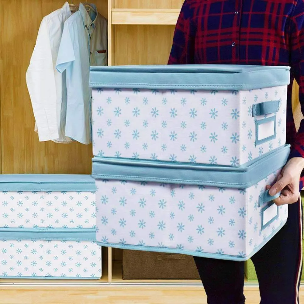 Homyfort Foldable Storage Box Bins with Lid,Sturdy Canvas Drawer Dresser Organizer for Closet Clothes,Bras,Ties, Set of 2 White Canvas with Blue Flowers