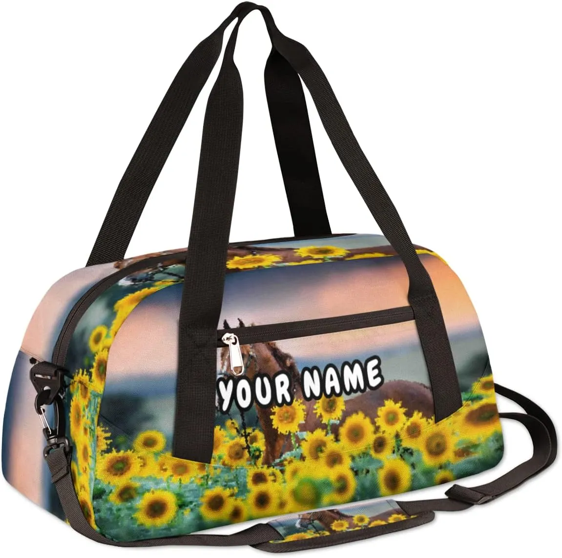 Horse Sunflower Personalized Kids Duffel Bag for Girls Boys, Horse Debris Custom Name Dance Bag Overnight Small Duffel Bag Carry On Weekend Sports Travel Bag for School Practice Gymnastics Ballet