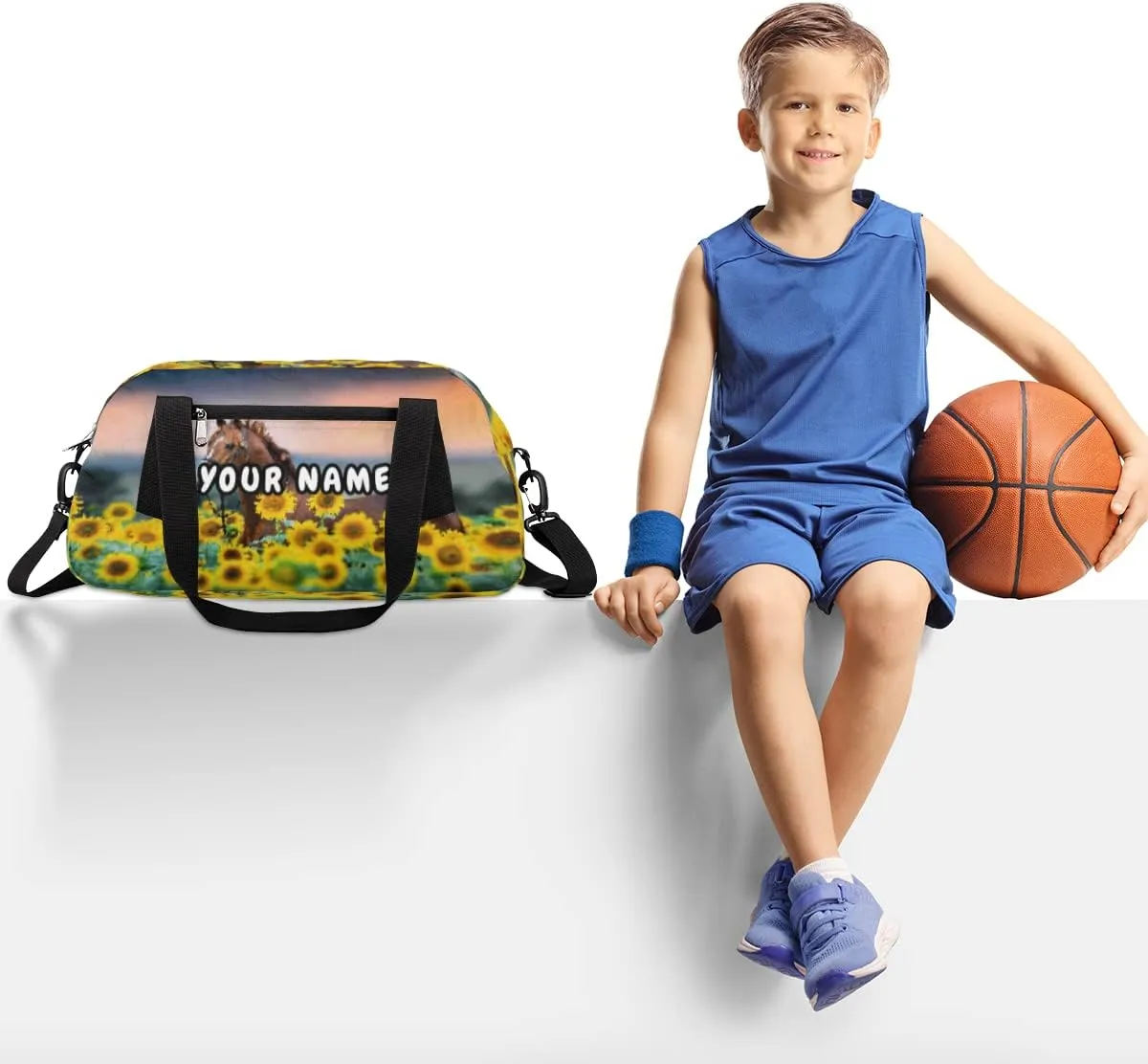 Horse Sunflower Personalized Kids Duffel Bag for Girls Boys, Horse Debris Custom Name Dance Bag Overnight Small Duffel Bag Carry On Weekend Sports Travel Bag for School Practice Gymnastics Ballet