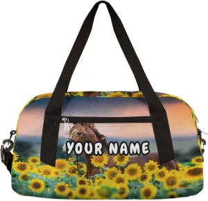 Horse Sunflower Personalized Kids Duffel Bag for Girls Boys, Horse Debris Custom Name Dance Bag Overnight Small Duffel Bag Carry On Weekend Sports Travel Bag for School Practice Gymnastics Ballet