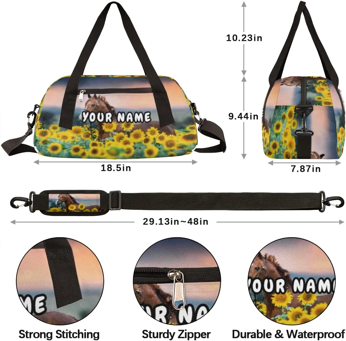 Horse Sunflower Personalized Kids Duffel Bag for Girls Boys, Horse Debris Custom Name Dance Bag Overnight Small Duffel Bag Carry On Weekend Sports Travel Bag for School Practice Gymnastics Ballet