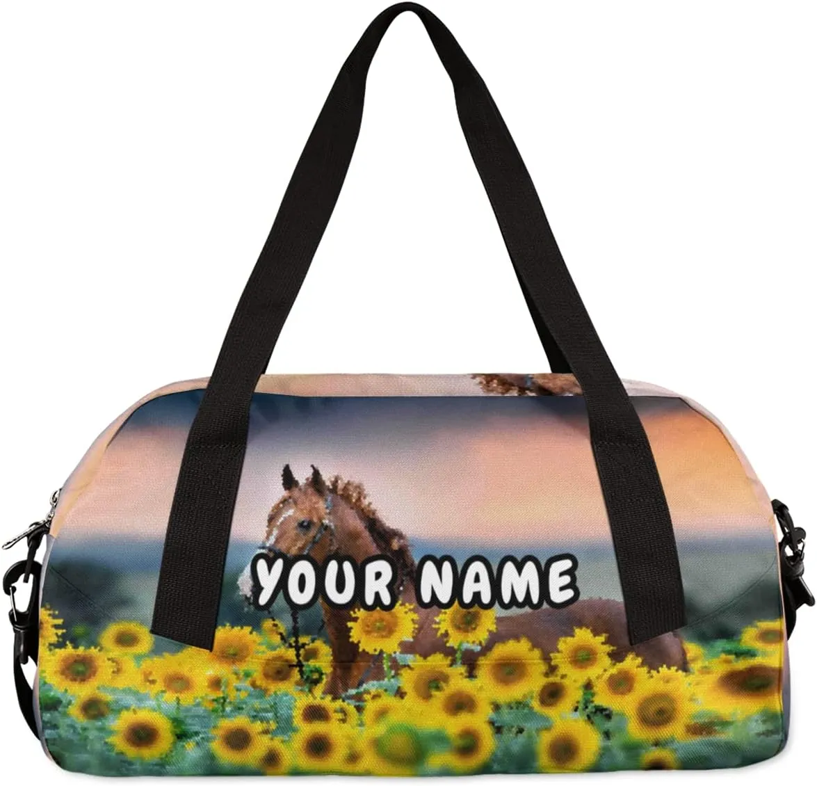 Horse Sunflower Personalized Kids Duffel Bag for Girls Boys, Horse Debris Custom Name Dance Bag Overnight Small Duffel Bag Carry On Weekend Sports Travel Bag for School Practice Gymnastics Ballet