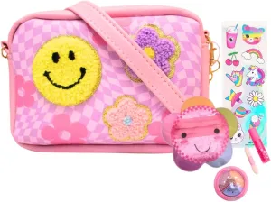 Hot Focus Crossbody Bag for Girls Purse with Removable Strap and Chain - Small One Shoulder Messenger Bag for Kids – Pink with Smiley Face and Flowers