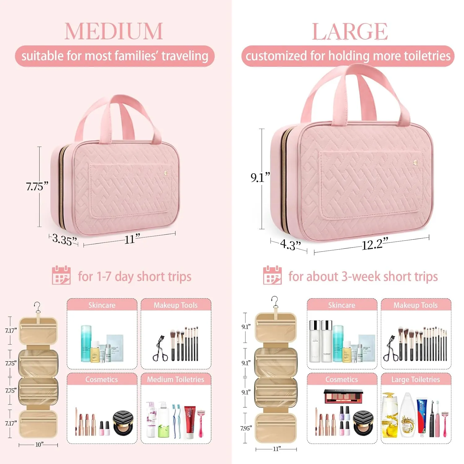 HOTOR Travel Toiletry Bag for Women with Hanging Hook - Portable Cosmetic Case, Toiletry Bag for Traveling Women, Waterproof Travel Essentials, Large, Pink