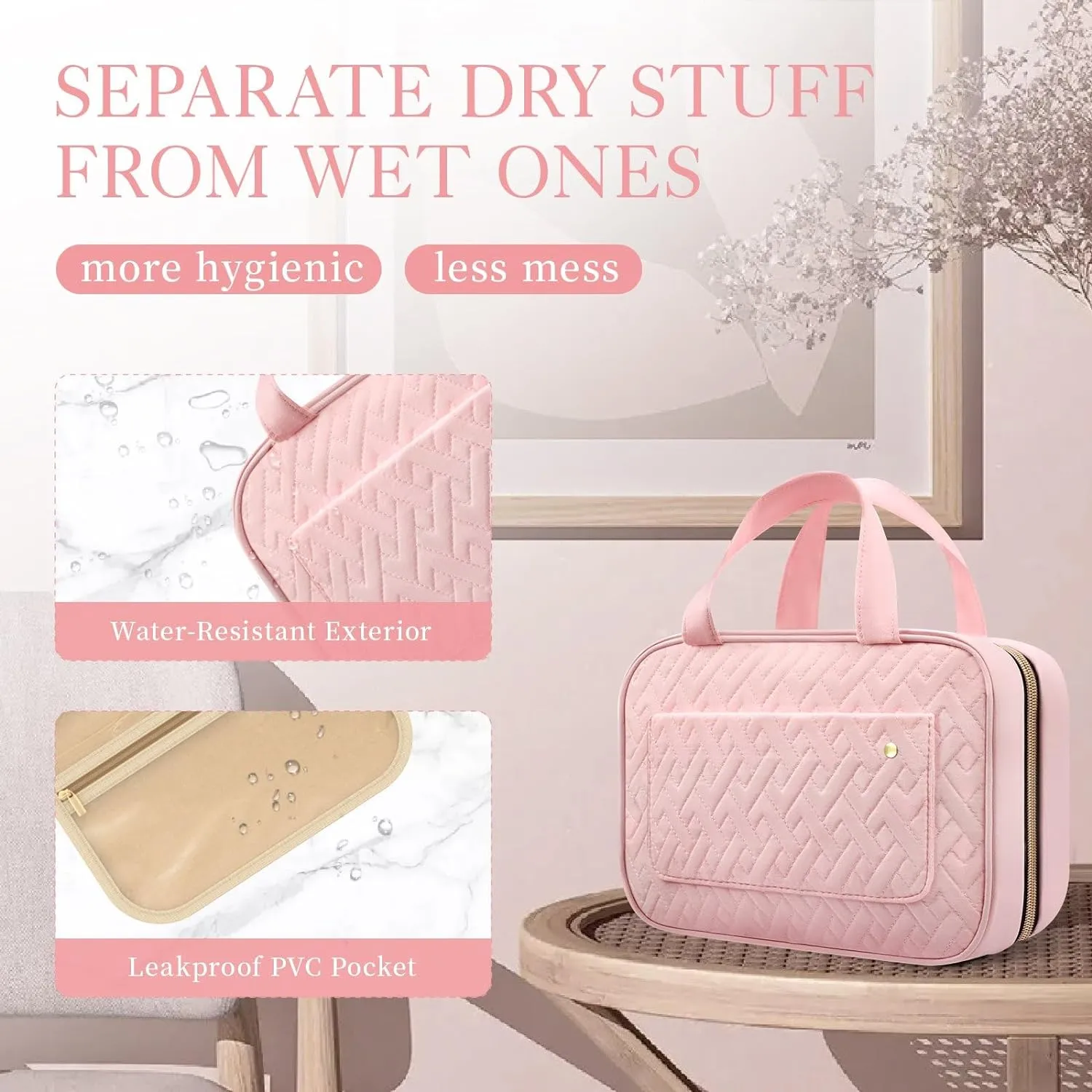 HOTOR Travel Toiletry Bag for Women with Hanging Hook - Portable Cosmetic Case, Toiletry Bag for Traveling Women, Waterproof Travel Essentials, Large, Pink