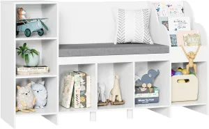 HOUSUIT 55" Kids Bookshelf with Reading Nook, Bookcase with Seat Cushion and Storage Cubbies, Kids Reading Nook with Adjustable Shelf, Toy Organizers and Storage with Bench for Playroom, White