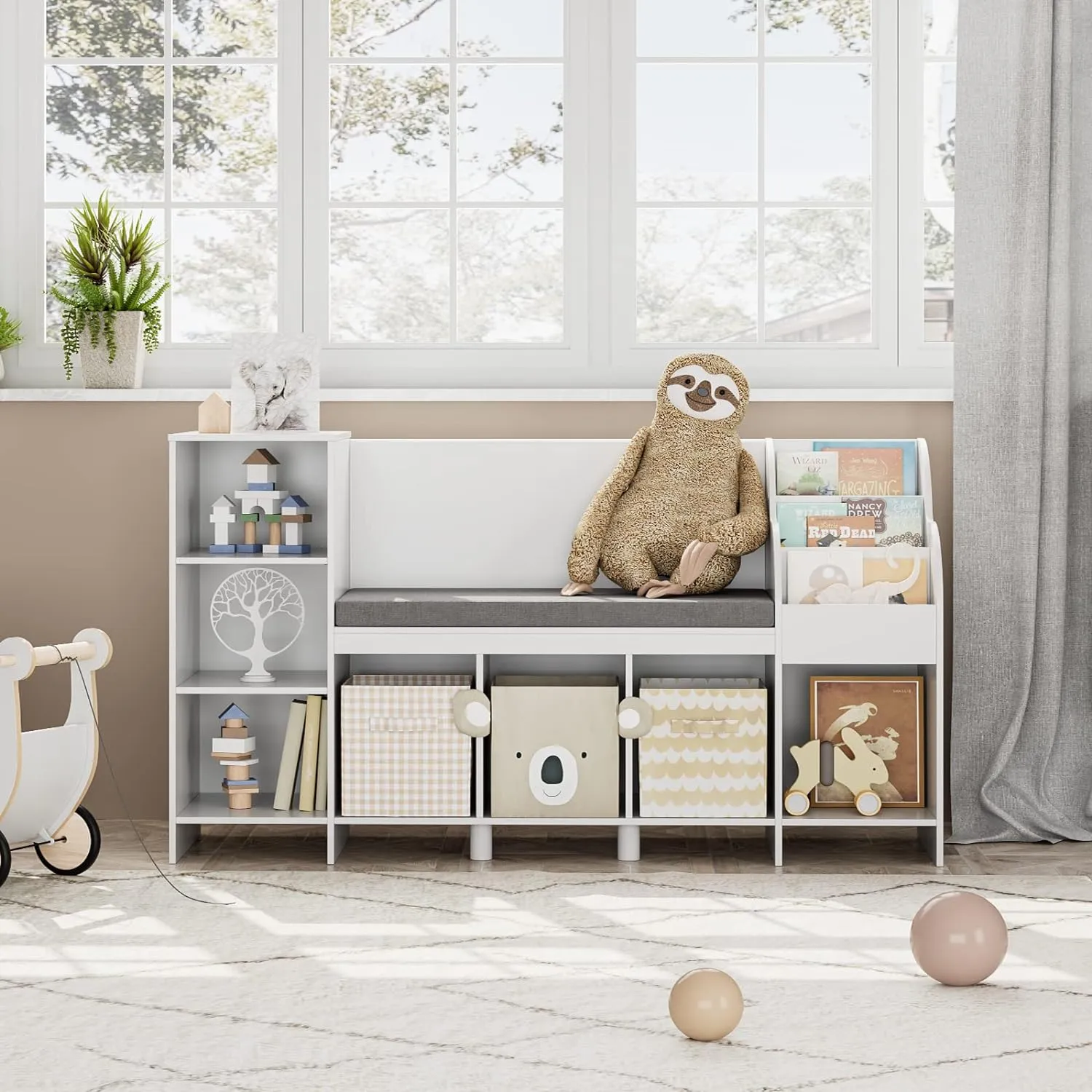 HOUSUIT 55" Kids Bookshelf with Reading Nook, Bookcase with Seat Cushion and Storage Cubbies, Kids Reading Nook with Adjustable Shelf, Toy Organizers and Storage with Bench for Playroom, White